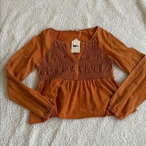Rust Smocked Blouse with Long Sleeves
